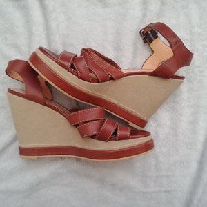Robert Clergerie Vtg Brown Leather Wedge Sandals